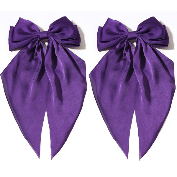 Furling Pompoms Hair Bows for Women - Pack of 2 Purple Hair Bow Clips for Girls Satin Big Bows Long Tail Alligator Clip Ribbon Hair Barrette Hair Accessories for Bridal Bachelorette Party