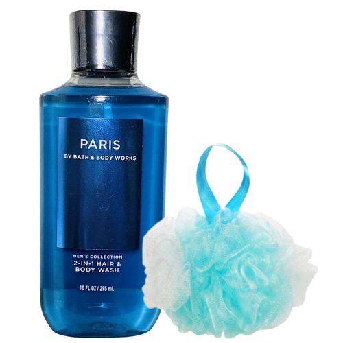 Shower Bathing Gift Set Bundle with 10 ounce Bath and Body Works Shower Gel Soap & Loofah Pouf Sponge - Gift, Birthday, Mother's Day (Paris)
