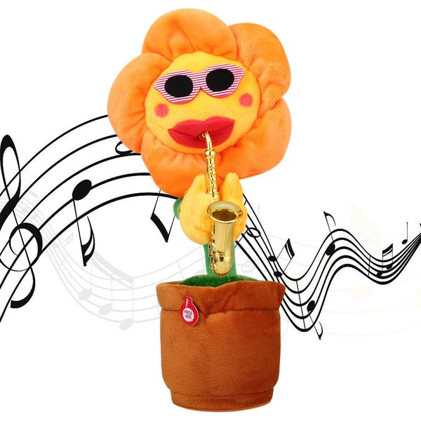 Musical Singing Dancing Repeating Talking Sunflower Soft Plush Funny Creative Saxophone Kids Toy(Yellow)