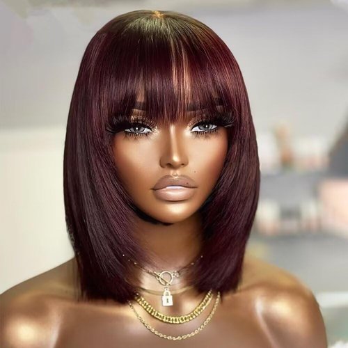 Jnymell Burgundy Pixie Cut Short Bob With Bangs Brazilian 99j Straight Bob With Bangs 13x4 HD Transparent Lace Front Human Hair Wigs For Women 150% Density Remy Short Bob Straight Hair Wigs 10"