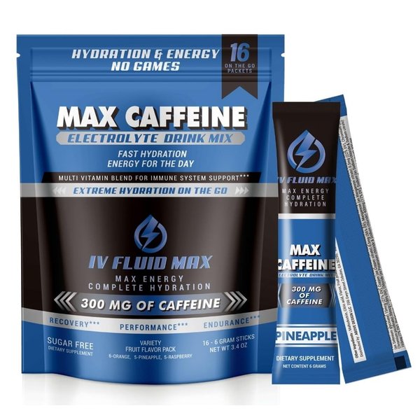 IV FLUID MAX - Hydration Acceleration - 300 mg Caffeine - Electrolyte + Energy Drink Mix - Preworkout/Recovery Drink