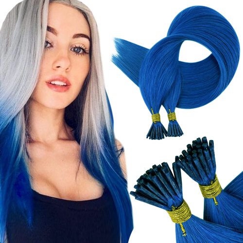 RUNATURE Blue Itip Hair Extensions Human Hair Colored Straight Cold Fusion I Tip Hair Extensions Remy Hair Full Ends I Tip Blue Hair Extensions Invisible 16 Inch 20g 25 Strands