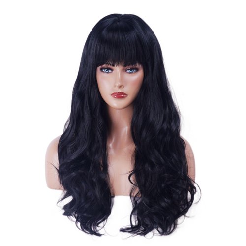 NJJYXH 26 Inches Natural Black Wigs for Women Long Black Wavy Wig with Neat Bangs Synthetic Natural Brunette Wig for Cosplay,Halloween,Daily Use