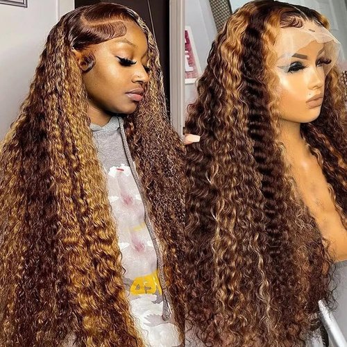 Highlight Ombre 13x4 HD Lace Front Wigs Human Hair 26 inch 4/27 Deep Wave Wig Human Hair 180% Density Honey Blonde Curly Glueless Lace Frontal Wigs Human Hair For Women Pre Plucked with Baby Hair