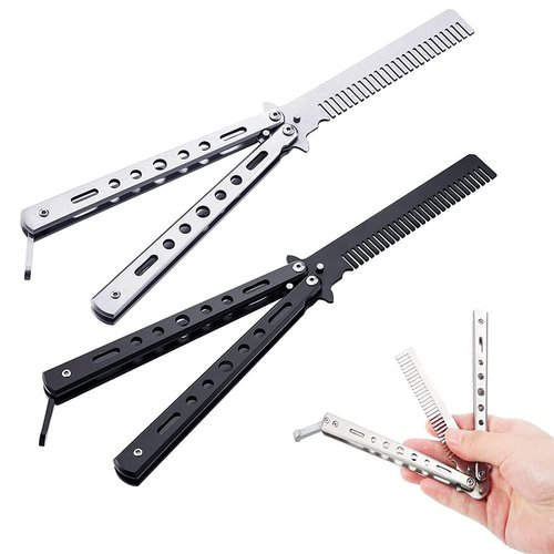 2 Pieces Butterfly Comb, Stainless Steel, Folding Comb Training Practice Combs, Barber Comb, Hair Styling Accessories (Silver, Black)