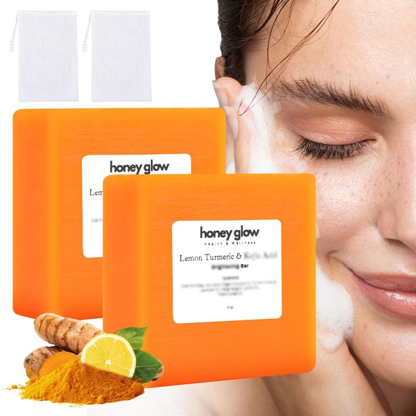 cijikos 2PCS Honey Glow Lemon Turmeric Kojic Soap Bar,Turmeric Soap Bar for Face and Body,Natural Turmeric Handmade Soap for All Skin Types