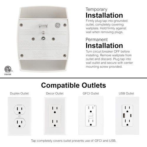 GE 6-Outlet Extender Wall Tap, Grounded Adapter, Outlet Splitter, Charging Station, 3-Prong, Secure Install, UL Listed, White, 54947