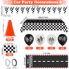 Race Car Party Decorations, AHIER 61 Pcs Set-12 Traffic Cones and 24 Racing Checkered Flags, 6.5Ft Racetrack Floor Runner and 9.8ft Checkered Race Track Banner, Tablecloth, Balloons and Ribbons