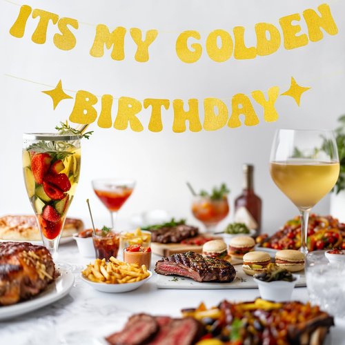 Pre-Strung It's My Golden Birthday Banner including 1 PC Happy Golden Birthday Cake Topper Set for Golden Birthday Party Glitther Gold Happy Birthday Decorations Gold Birthday Party Supplies