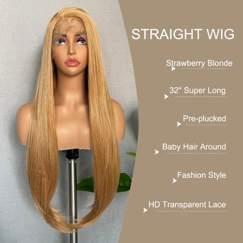 SOKU 13x4 Lace Front Wigs 32 Inch Long Straight Synthetic Wigs with Baby Hair Free Part Strawberry Honey Blonde Lace Frontal Wigs Pre Plucked for Women Girls Cosplay Gift
