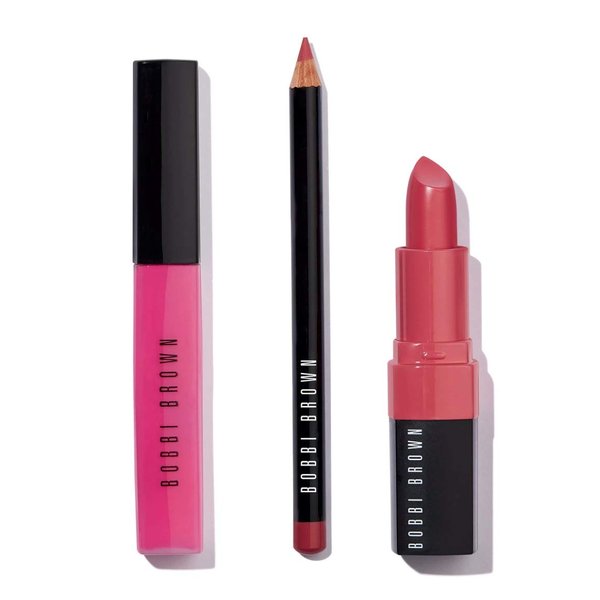 Bobbi Brown Pink Lip Color Trio: Pink Lily Lip Gloss + Rose Lip Pencil + Baby Crushed Lip Color + Travel Bag