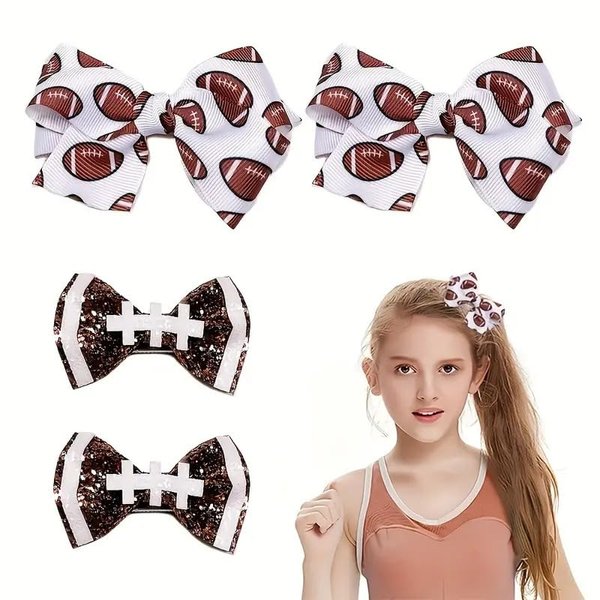 4 Pcs of American Football Hair Bow Clip Bow Hair Clip Ribbon Hair Clip for Girls, Women Super Bowl Party Sports Game Clothing Hair Accessories Supplies