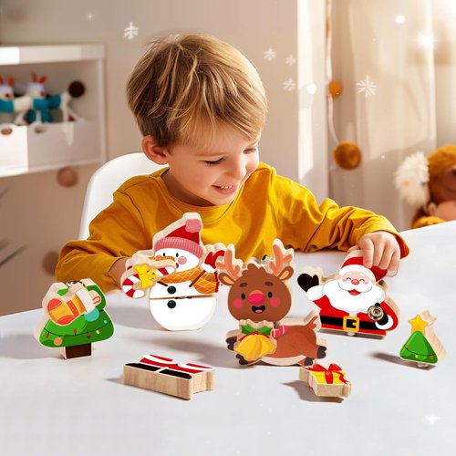 HUZU Christmas Snap Together Building Blocks Toy, Santa, Reindeer, Snowman, Christmas Tree Take Apart Characters, 3 4 5 6 7 8 Years Old Kids Wooden Puzzle, STEM Fine Motor Skill Christmas