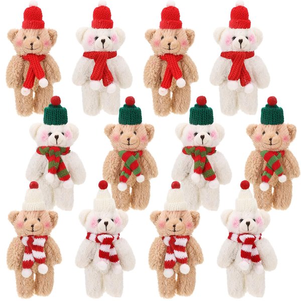 Shappy 12 Pcs Christmas Mini Stuffed Bears Bulk 6 Inch Small Stuffed Animals Keychain Christmas Plush Bear with Scarf Hat Soft Tiny Bear Doll for Birthday Christmas Party Decorations Craft (Cute)