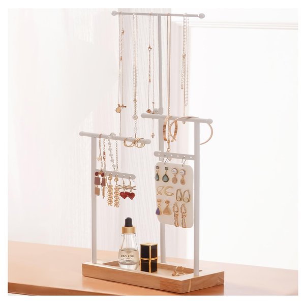 ProCase Jewelry Organizer Stand Necklace Holder Organizer, 3 Tier Height Adjustable Necklace Display for Extra Long Necklaces, Bracelet Holder Jewellery Rack with Wooden Tray Earring Holder -White