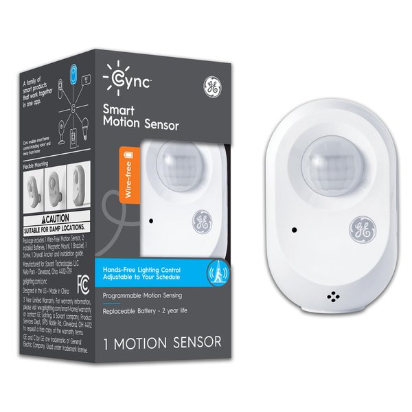 GE CYNC Wireless Smart Motion Sensor, Battery-Powered, Bluetooth Motion Sensor with Ambient Light Detection, Works with CYNC Smart Plugs, Switches and Bulbs, White