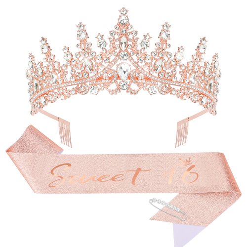 CIEHER Sweet 16 Sash + Rose Gold Crown + Pearl Pin Set, Sweet 16 Birthday Party Decorations, Sweet 16 Tiara, Sweet 16 Gifts for Girls Sweet 16 Birthday Decorations