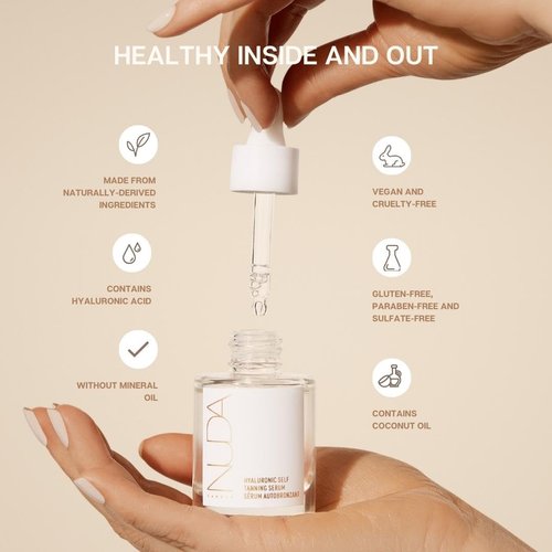 Nuda Hyaluronic Self Tanning Serum | Lightweight Hyaluronic Acid Serum for a Gradual Tan | Hydrating Liquid Bronzer with Antioxidants & Vitamin E | Vegan Self Tanner, Non-Transferring, (30mL)
