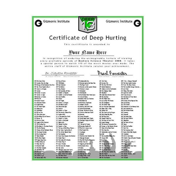 Certificate of Deep Hurting MST3K