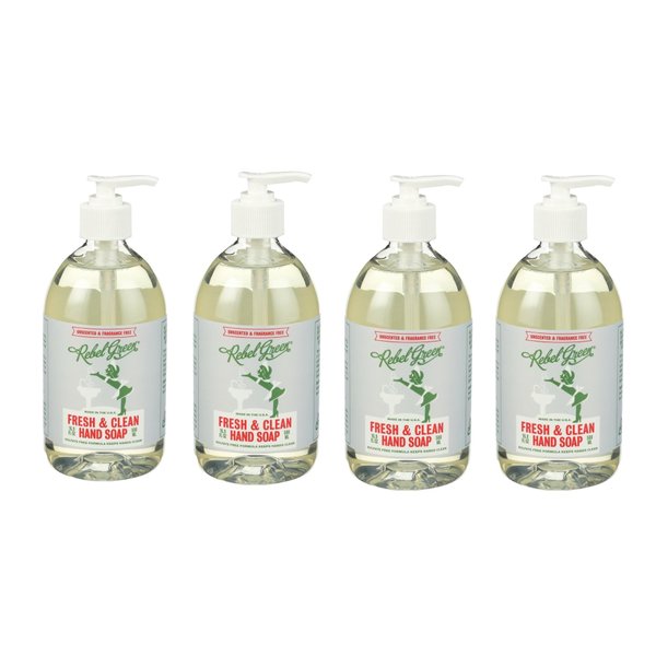 Rebel Green Liquid Hand Soap - Moisturizing Natural Bathroom & Kitchen Liquid Soap - Gentle Household Hand Wash (Unscented, 16.90 Fl Oz (Pack of 4))