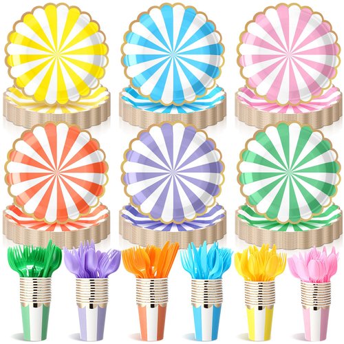 Mimorou 150 Pcs Pastel Scalloped Party Supplies 7in Gold Foil Scalloped Paper Plates 9oz Cups Colorful Disposable Tableware Striped Pastel Rainbow Dinnerware Set for Baby Shower Birthday Wedding