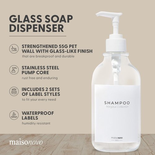 MaisoNovo 16 Oz Plastic Shampoo and Conditioner Dispenser Set of 3 w/Stainless Steel Pump | Clear Soap Dispenser Bathroom | Refillable Shampoo and Conditioner Bottles, Pump Bottle Dispenser for Shower