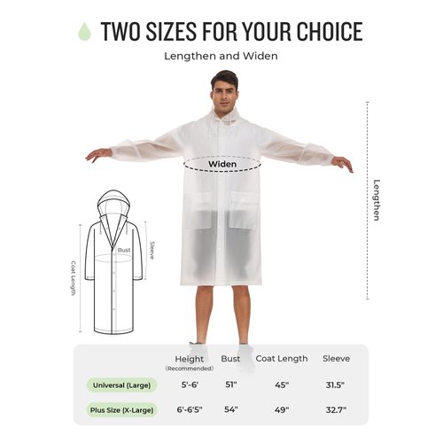 MOCOTONO Reusable Thicken EVA Rain Ponchos for Adults (1 Pack)- Extra Long Rain Jackets Raincoats for Men Women (White,Universal)