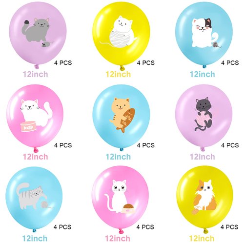 36 Pcs Cat Theme Party Latex Balloons Animal Cat Print Decorations Cartoon Cat Party Favors for Boy Girls Cat Kitty Theme Birthday Party Decorations Supplies, 12 Inches(Cartoon Style)