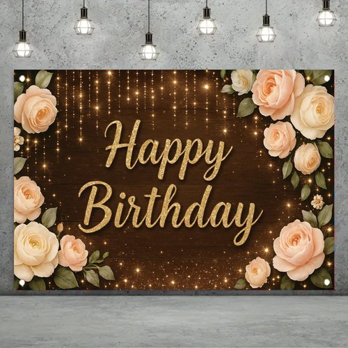 Starlit Patio Happy Birthday Backdrop 71 X 43 Inch Rustic Dark Wood Floral Banner with Gold Glitter Lettering Cream Rose and Lights for Women Birthday Party Decorations Indoor Outdoor Use