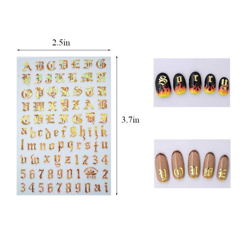 EBANKU Nail Letter Stickers 10 Sheets Nail Art Stickers for Gel Nails 5colors Self-Adhesive Old English Words Alphabet Nail Decals