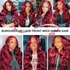 99j Burgundy Lace Front Wigs Human Hair Body Wave 13x4 HD Glueless lace Frontal Wigs Human Hair Pre Plucked hair Bleached Knots 180% Density wigs for women Wine Red Colored Brazilian virgin 24inch