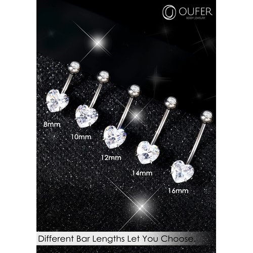 OUFER 14G Belly Rings, Long Belly Button Rings, G23 Solid Titanium Belly Piercing Jewelry, Heart Shaped Navel Piercing Jewelry, Belly Rings for Women Men-14mm
