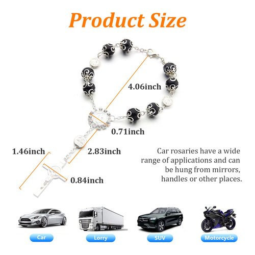 Ziciner 2 PCS Car Rosary for Rearview Mirror, Personalized Blessing Rear View Mirror Hanging Decors, Auto Rearview Mirror Rosary Pendant, Car Interior Hanging Accessories for Woman Men(Black & Silver)