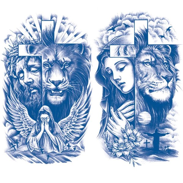 Oottati 2 Sheets Semi Permanent Waterproof Temporary Tattoos, 2 Weeks Long Last, 100% Plant-Based Ink Infinity Realistic Stickers, Lion Cross Jesus Maria