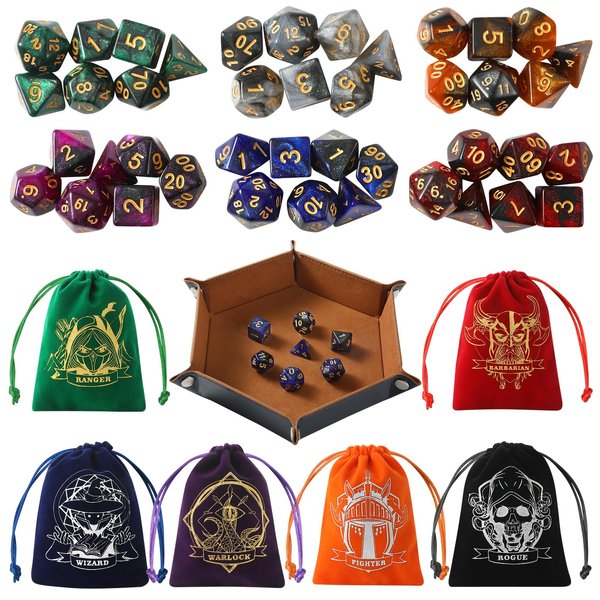 Grajar D&D Dice Set with Characters Pattern Dice Pouches, 42 Pcs polyhedral dice Set, PU Leather and Velvet dice Tray for Dungeons and Dragons D&D RPG MTG Table Games Starry Sky