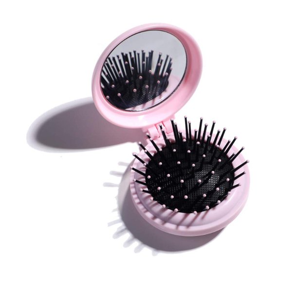 AKOAK 1 Pack Folding Travel Mirror, Hair Comb with Mirror, Round Mini Massage Comb, Portable Travel Makeup Mirror for Girls and Women, Suitable for Handbag/Pocket (Pink)