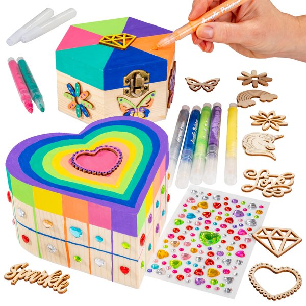 GirlZone Jewelry & Treasure Box, DIY Jewelry Box, DIY Craft for Kids Include Wooden Boxes, Shapes, Acrylic Paint Pens, Gem Stickers & Table Cover, Ideal Painting Crafts for Girls for Ages 6-8