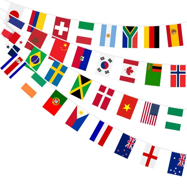 AhfuLife World String Flags Banner, 32 Countries Flags Double Sides Fabric Bunting for Womens World cup Soccer Bar Club Garden Party Decorations (1 Pcs)