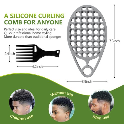 KOUPA Silicone Curly Hair Brush with Pick Comb, One Piece Twist Curl Comb for Afro Curls, Washable Hair Tool for Men Women, Grey