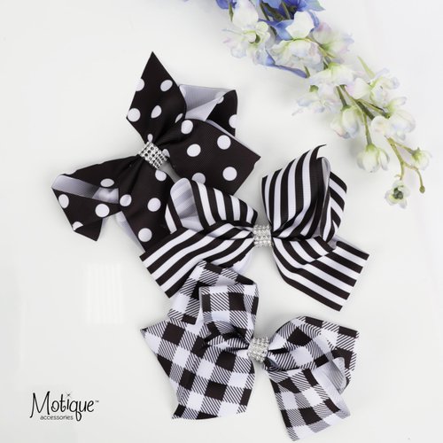 Patterned Hair Bow for Women and Girls with Silver Rhinestones 1 Piece (Polka Dot)