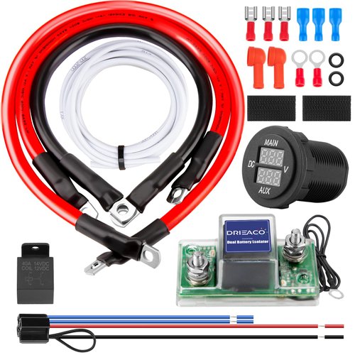 Drieaco 12V UTV Dual Battery Isolator Connect & Monitor Kit Fit for Honda Pioneer 1000/700/500, Replace #UTV-SBI-CM, Dual Battery Isolator Kit with LED Digital Double Voltmeter 6 Gauge Wire 12V Relay