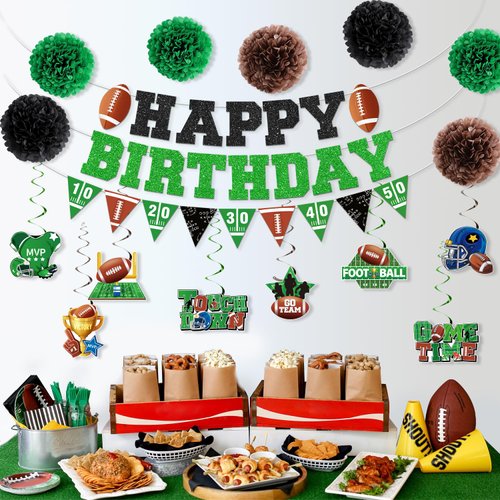 Football Birthday Party Decorations, Football Party Decorations Includes Happy Birthday Football Banner, Football Themed Party Supplies Garland and Hanging Swirls, Paper Pom Poms