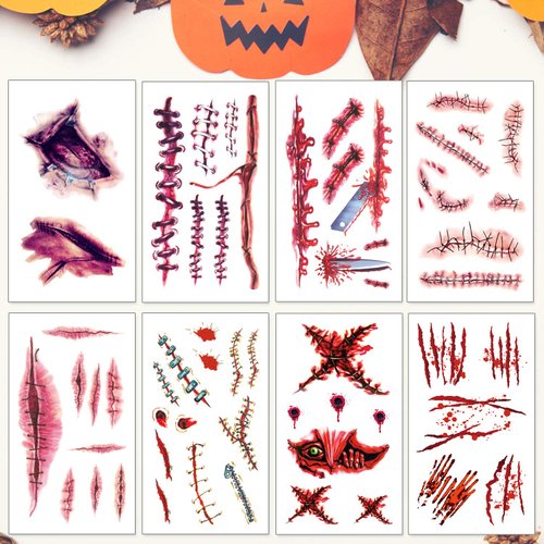 Konsait 120pcs Halloween Scars Tattoos, Halloween Bleeding Wound Temporary Tattoo, Zombie Vampire Makeup Bite Tattoo, Waterproof Fake Blood Tattoo for Kids Women Men Halloween Party Cosplay Costume