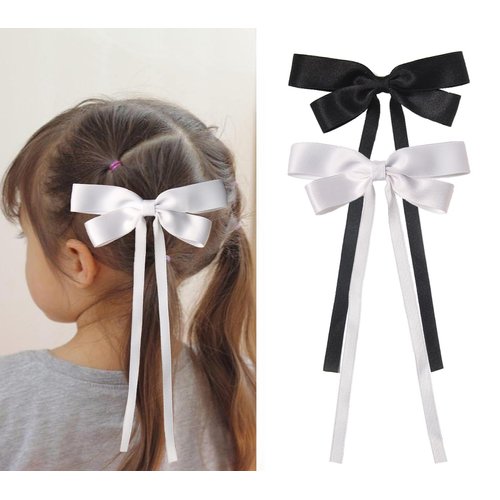 Furling Pompoms Hair Bow Clips with Long Tail Bowknot Hair Clip Ribbon Accessories Pony-tail Holders Accessories (Black/White)