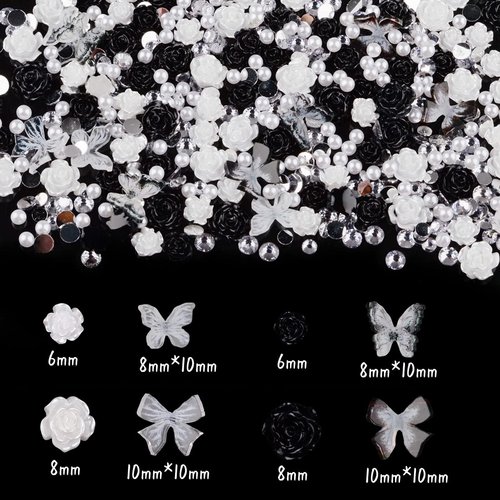 Umillars 3D Flowers Nail Art Charms Rhinestones Kit,Acrylic Black White Camellia Rose Flower 3D Butterfly Mix White Nail Rhinestones Round Pearls for Nail Art Designs DIY Accessories Craft