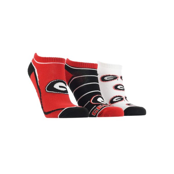 TCK Georgia Bulldogs No Show Socks Full Field 3 Pack (Black/Red/White, Medium)