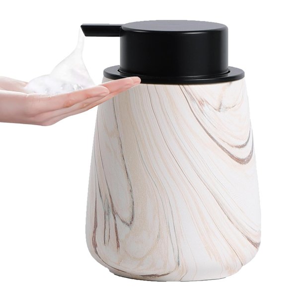 12Oz Foam Hand Soap Dispenser - Modern Ceramic Foaming Soap Dispenser with Easy-to-Press Pump, Reusable and Refillable Liquid Dish Soap Dispensers for Bathroom & Kitchen, Marble Brown
