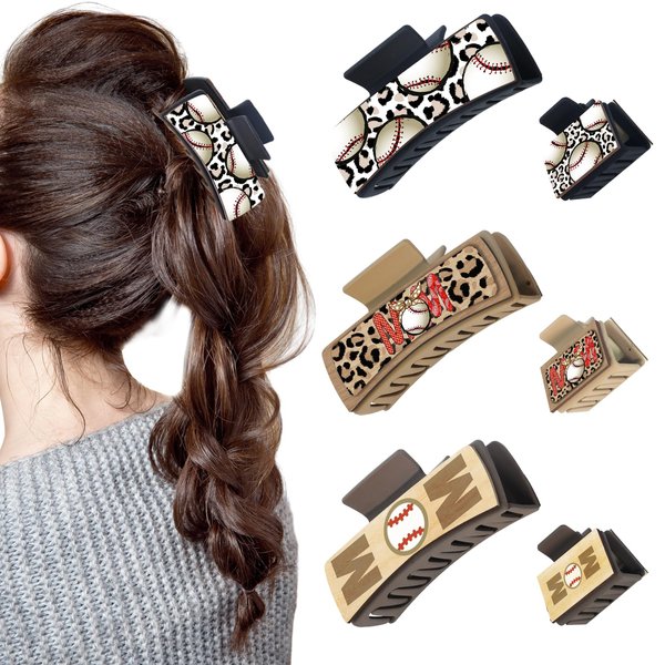 yesaior 6Pcs Baseball Hair Claw Clips, 4" and 2" Wooden Chip Printed Claw Clip Medium Non-slip Square Claw Hair Clips Cute Big Sports Hair Accessories for Women Girls Thick & Thin Hair