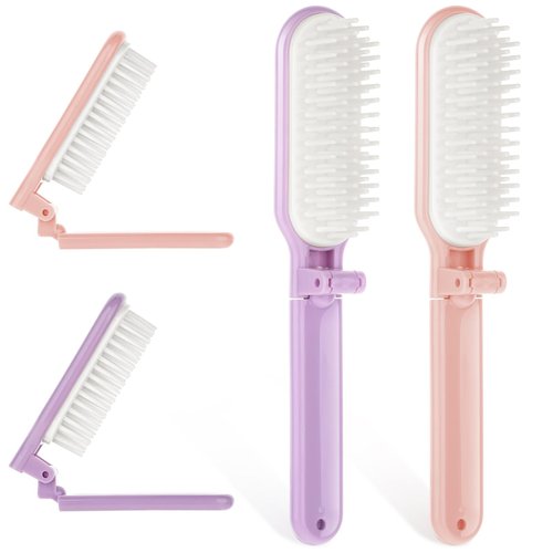 Prasacco 2 Pieces Folding Hair Brush, Travel Folding Hair Brush Mini Portable Hair Comb Mini Folding Hairbrush Comb Small Compact Pocket Hair Brush for Women Men Family School Travel (Pink+Purple)