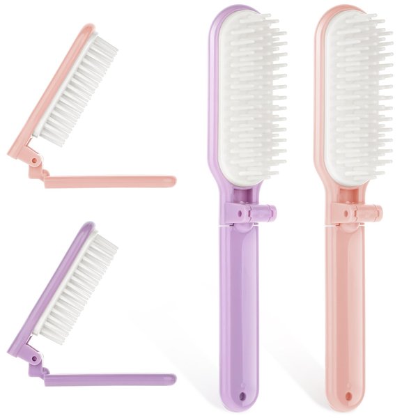 Prasacco 2 Pieces Folding Hair Brush, Travel Folding Hair Brush Mini Portable Hair Comb Mini Folding Hairbrush Comb Small Compact Pocket Hair Brush for Women Men Family School Travel (Pink+Purple)